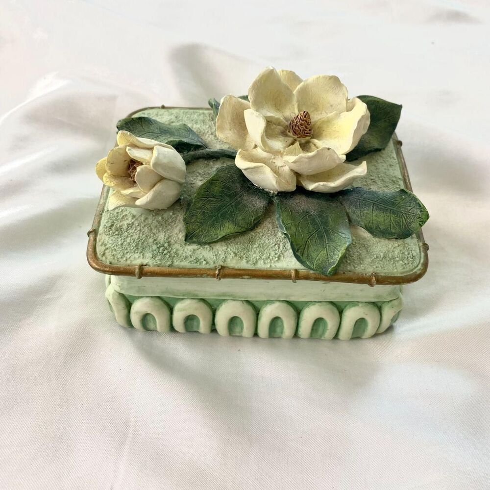 Vintage Fairycore Ethereal 3D Magnolia flower soft green glazed trinket box